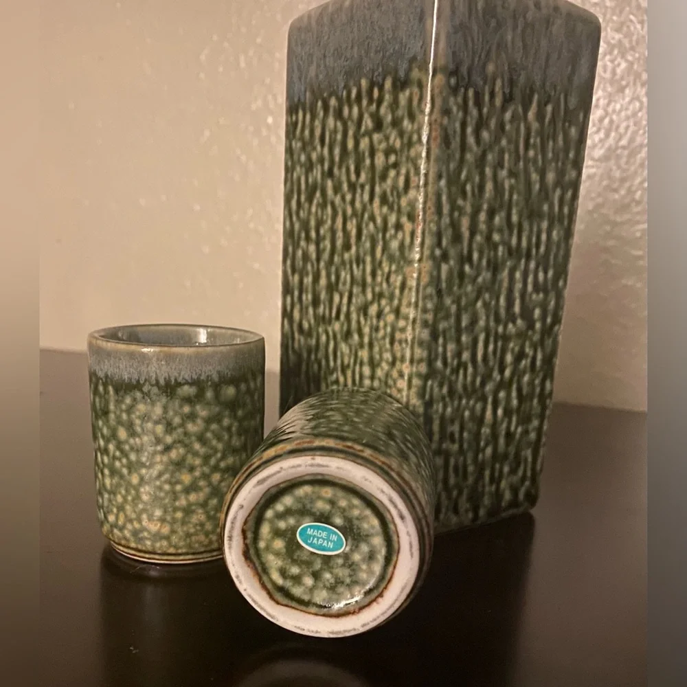 Vintage Japanese Stoneware Sake Set 3 Pc Green Glazed Decanter Cups Japan